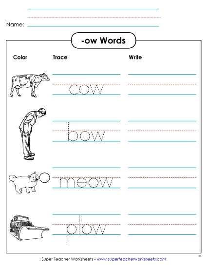 /ow/ Sound (as in Cow) - Trace and Write (-ow) (Printable PDF Worksheet)