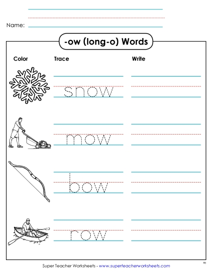 Long-O Sound (as in Grow) - Trace and Write (-ow) (Printable PDF Worksheet)