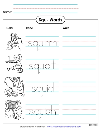 Worksheets - Trace and Write (Squ- Words) (Printable PDF Worksheet)