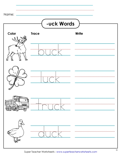 Worksheets - Trace and Write (-uck) (Printable PDF Worksheet)