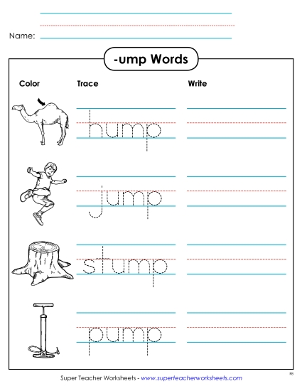 Worksheets - Trace and Write (-ump) (Printable PDF Worksheet)