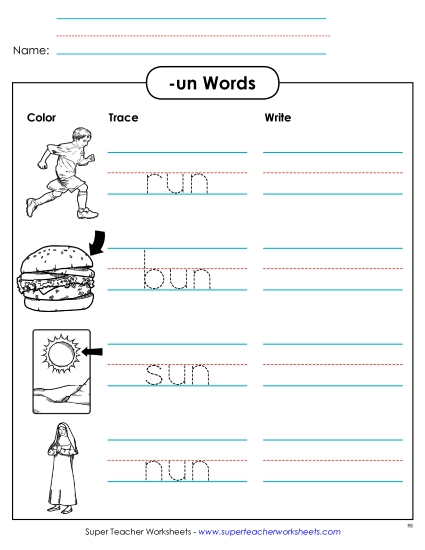 Worksheets - Trace and Write (-un) (Printable PDF Worksheet)