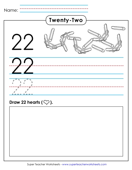 Number Twenty-Two - Trace, Print, Draw: 22 (Printable PDF Worksheet)