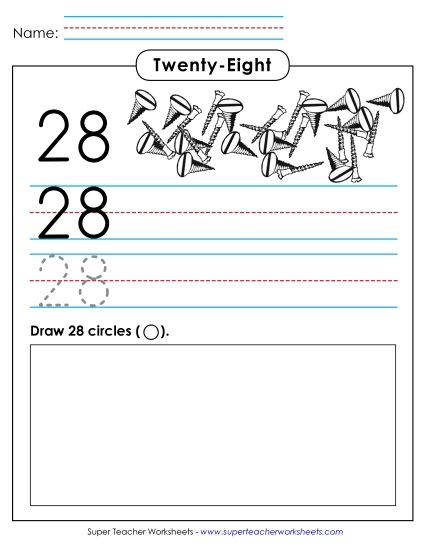 Twenty-Eight - Trace, Print, Draw: 28 (Printable PDF Worksheet)