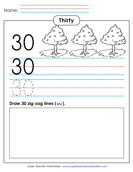 Thirty - Trace, Print, Draw: 30 (Printable PDF Worksheet)