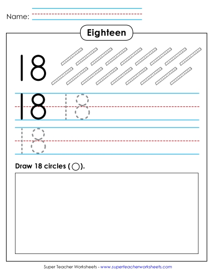 Number Eighteen - Trace, Print, Draw: Eighteen (Printable PDF Worksheet)