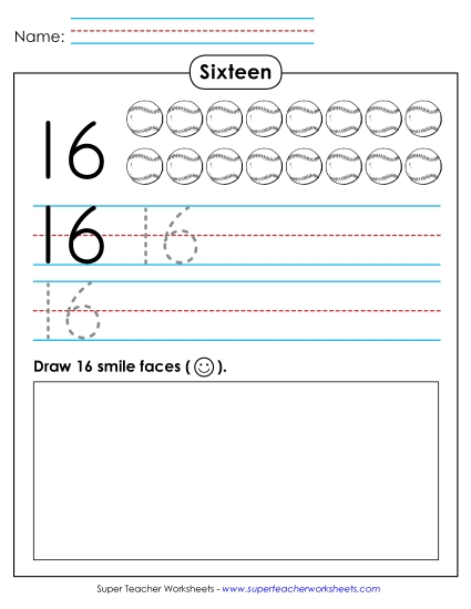 Number Sixteen - Trace, Print, Draw: Sixteen (Printable PDF Worksheet)