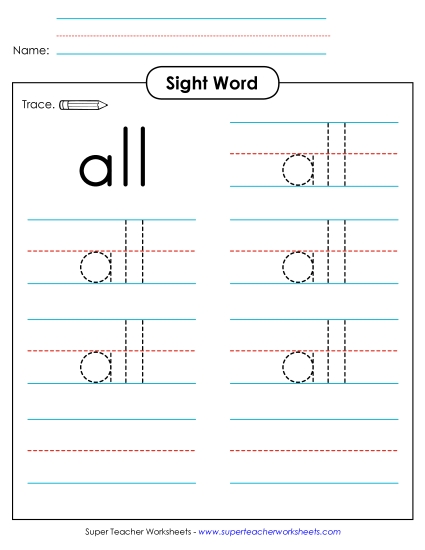 Trace the Word: All (Printable PDF Worksheet)