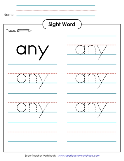 Trace the Word: Any (Printable PDF Worksheet)