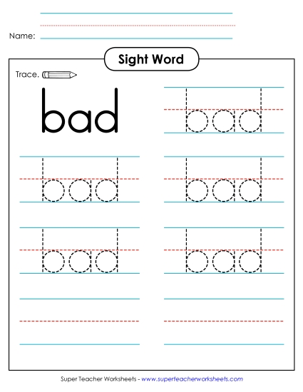 Trace the Word: Bad (Printable PDF Worksheet)