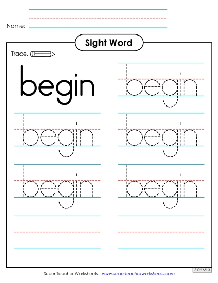 Trace the Word: Begin (Printable PDF Worksheet)