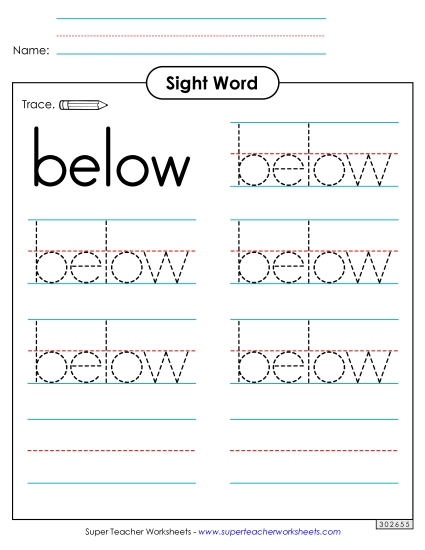 Trace the Word: Below (Printable PDF Worksheet)