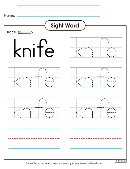 Trace the Word: Knife (Printable PDF Worksheet)