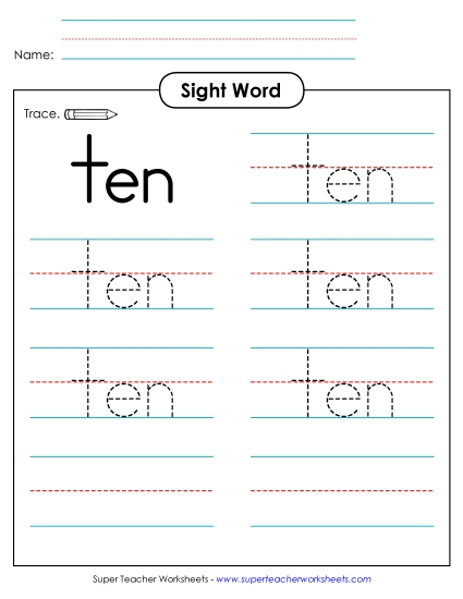 Trace the Word: Ten (Printable PDF Worksheet)