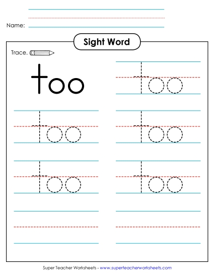 Trace the Word: Too (Printable PDF Worksheet)