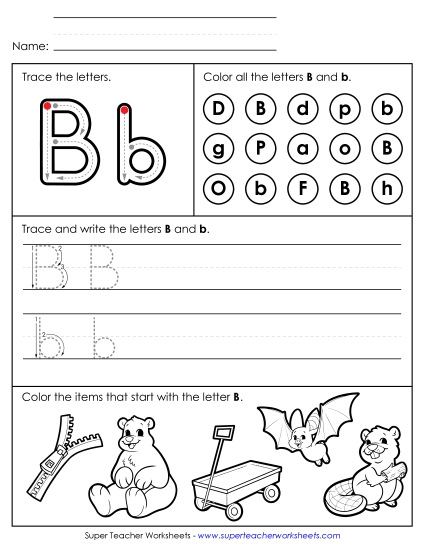 Letter B: Mixed Skills - Tracing, Writing, and Recognizing Letter B (Printable PDF Worksheet)