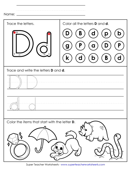 Letter D: Mixed Skills - Tracing, Writing, and Recognizing Letter D (Printable PDF Worksheet)