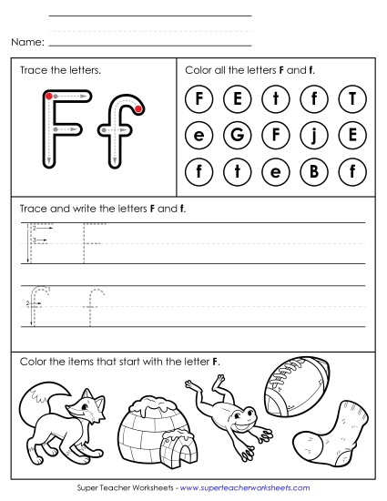 Letter F: Mixed Skills - Tracing, Writing, and Recognizing Letter F (Printable PDF Worksheet)
