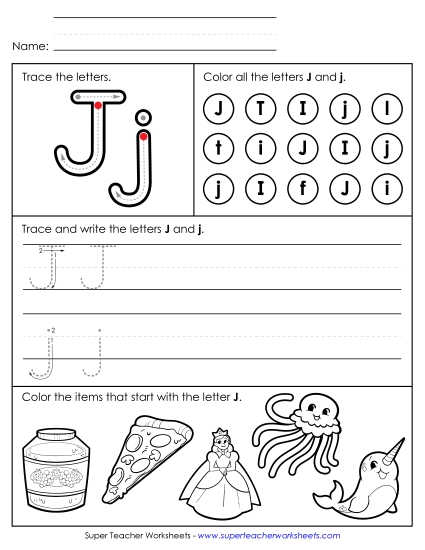 Letter J: Mixed Skills - Tracing, Writing, and Recognizing Letter J (Printable PDF Worksheet)