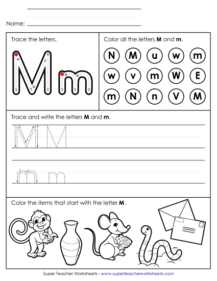 Letter M: Mixed Skills - Tracing, Writing, and Recognizing Letter M (Printable PDF Worksheet)