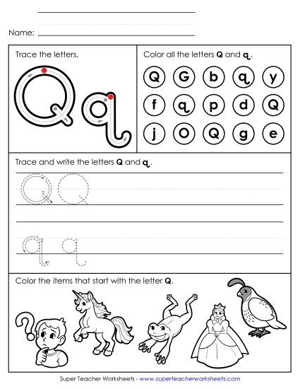 Letter Q: Mixed Skills - Tracing, Writing, and Recognizing Letter Q (Printable PDF Worksheet)