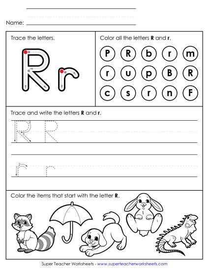 Letter R: Mixed Skills - Tracing, Writing, and Recognizing Letter R (Printable PDF Worksheet)