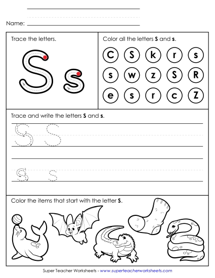 Letter S: Mixed Skills - Tracing, Writing, and Recognizing Letter S (Printable PDF Worksheet)