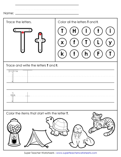 Letter T: Mixed Skills - Tracing, Writing, and Recognizing Letter T (Printable PDF Worksheet)