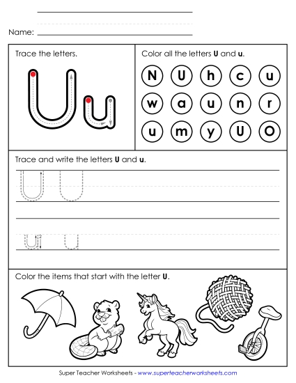 Letter U: Mixed Skills - Tracing, Writing, and Recognizing Letter U (Printable PDF Worksheet)