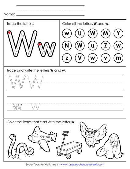 Letter W: Mixed Skills - Tracing, Writing, and Recognizing Letter W (Printable PDF Worksheet)