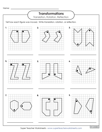 Translation, Rotation, Reflections (Mixed) - Translation, Rotation, Relfection on Grid (Printable PDF Worksheet)