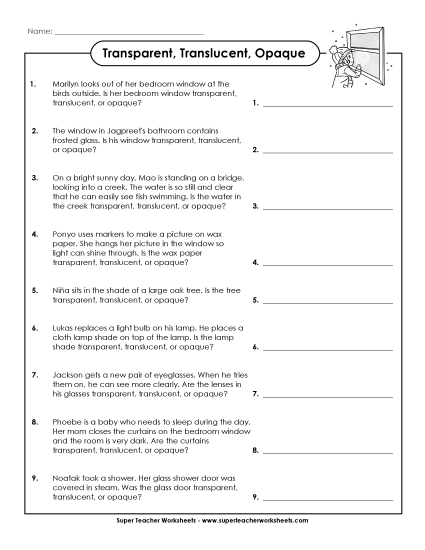 Light - Transparent, Translucent, and Opaque (Printable PDF Worksheet)