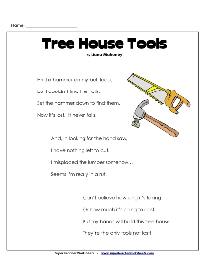 3rd Grade Poems - Tree House Tools (Printable PDF Worksheet)
