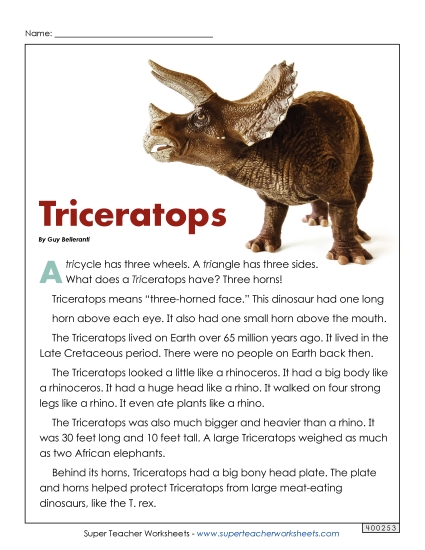 Reading Comprehension - Triceratops (Printable PDF Worksheet)