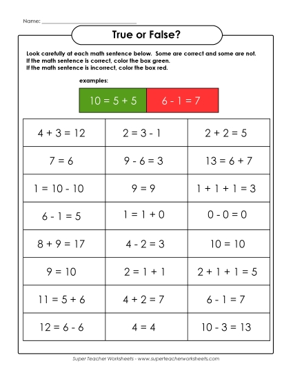 Basic Facts - True or False? (Printable PDF Worksheet)