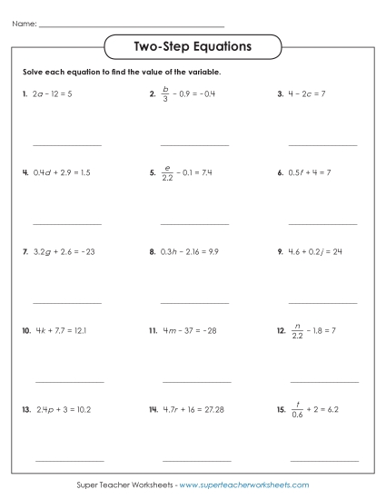 Advanced Level: Decimals, Exponents, & Parenthesis - Two-Step Equations Worksheet 1 (Advanced) (Printable PDF Worksheet)