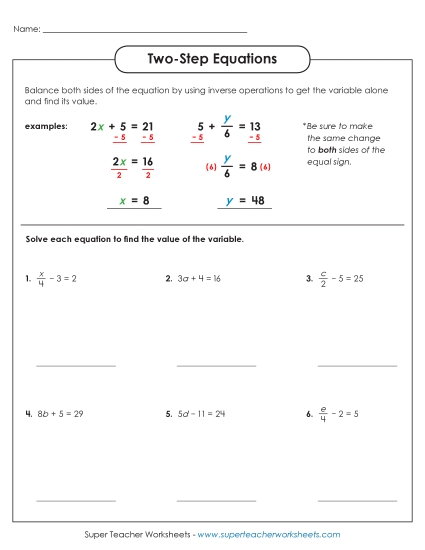 Level: Basic Positive Whole Numbers - Two-Step Equations Worksheet 1 (Basic) (Printable PDF Worksheet)