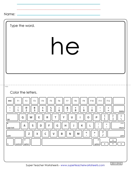 Type the Word: He (Printable PDF Worksheet)