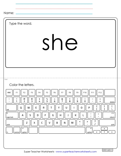 Type the Word: She (Printable PDF Worksheet)