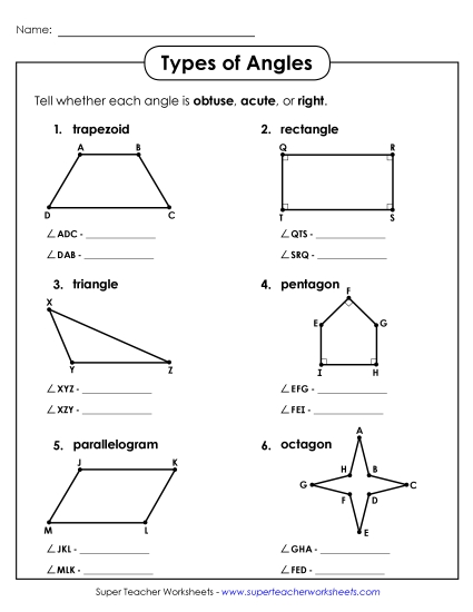 Angle Types: Acute, Obtuse, Right - Types of Angles 2 (Printable PDF Worksheet)