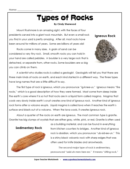 Nonfiction Articles - Types of Rocks (Printable PDF Worksheet)