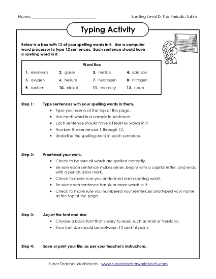 Worksheets and Activities  - Typing Activity (D-The Periodic Table) (Printable PDF Worksheet)