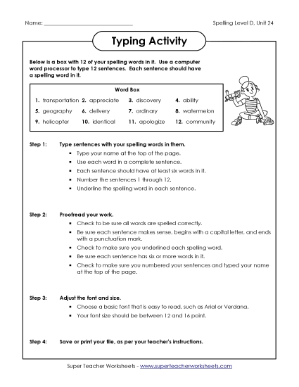 Worksheets - Typing Sentences Activity (D-24) (Printable PDF Worksheet)
