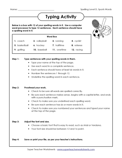 Worksheets and Activities - Typing Sentences Activity (D-Sports) (Printable PDF Worksheet)