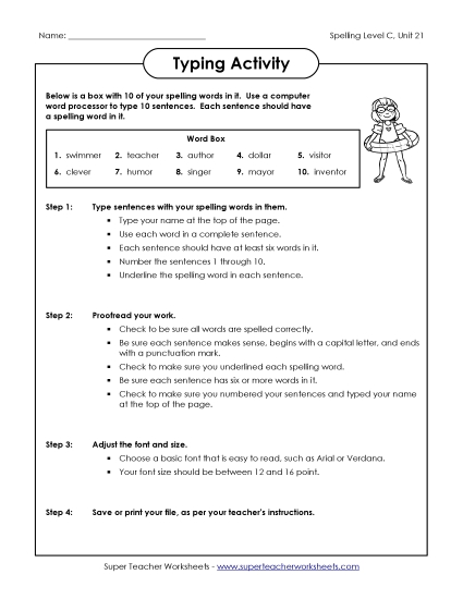 Worksheets - Typing Sentences (C-21)  (Printable PDF Worksheet)