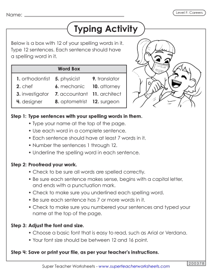 Worksheets and Puzzles - Typing Sentences (Careers) (Printable PDF Worksheet)