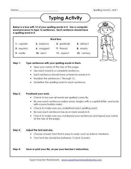 Worksheets and Puzzles - Typing Sentences (E-1) (Printable PDF Worksheet)