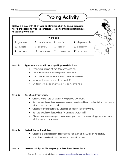 Printable Worksheets - Typing Sentences (E-13) (Printable PDF Worksheet)