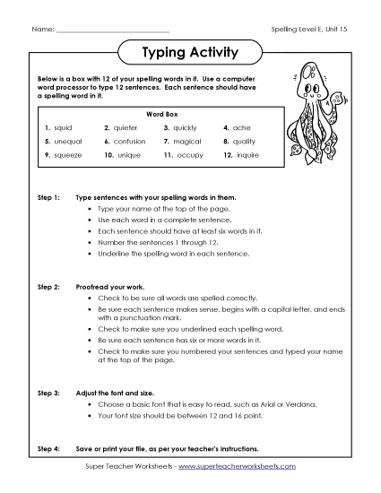 Printable Worksheets - Typing Sentences (E-15) (Printable PDF Worksheet)