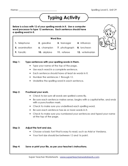 Printable Worksheets - Typing Sentences (E-29) (Printable PDF Worksheet)